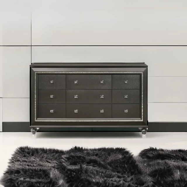 Stylish manufactured wood nine drawer triple dresser for bedroom storage