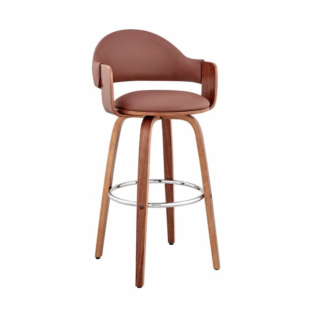 Low back bar height chair with armrests in wood and peach color offering comfort and style