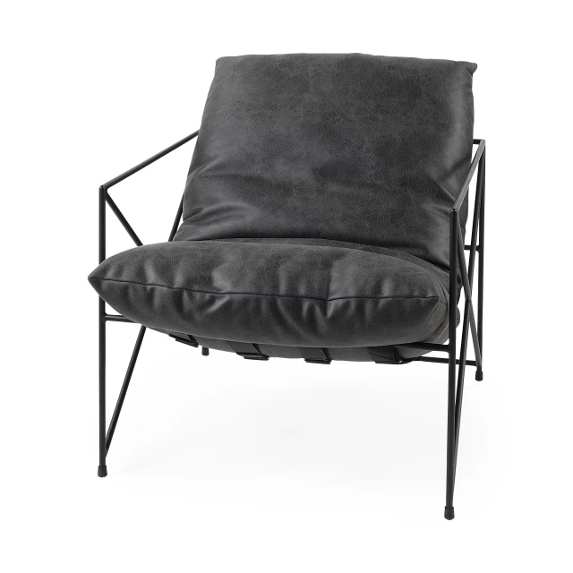 Black faux leather contemporary metal chair with armrests and wood accents in a comfortable rectangular design