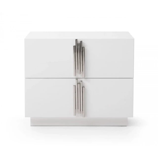 White drawer nightstand with metal handles and sleek design