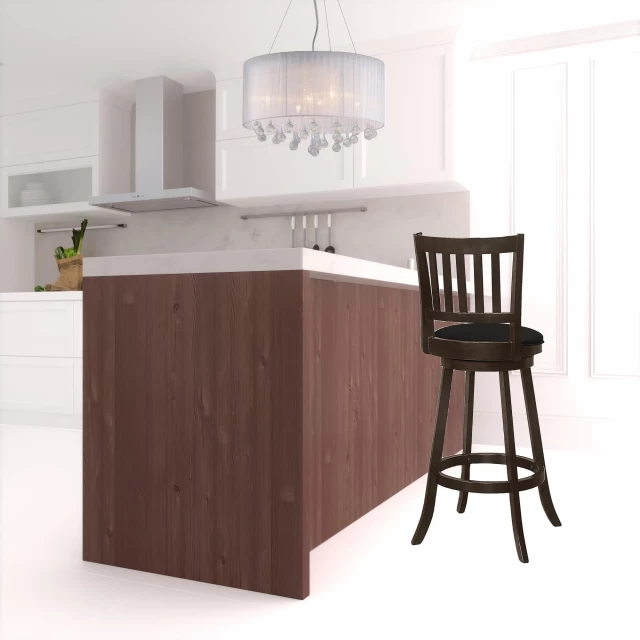 Wood swivel bar height chairs with wood stain finish and cabinetry details