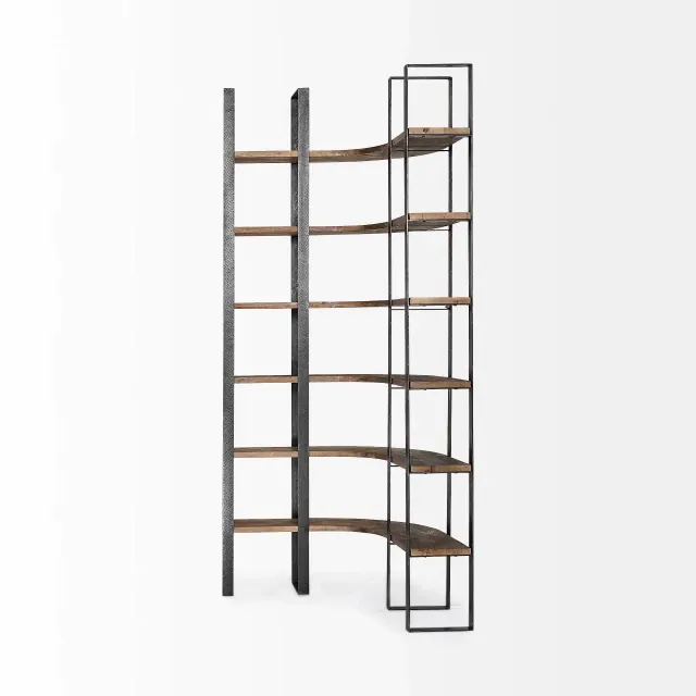 Curved Dark Brown Wood And Black Iron 6 Shelving Unit Curved Dark Brown Wood And Black Iron 6 Shelving Unit