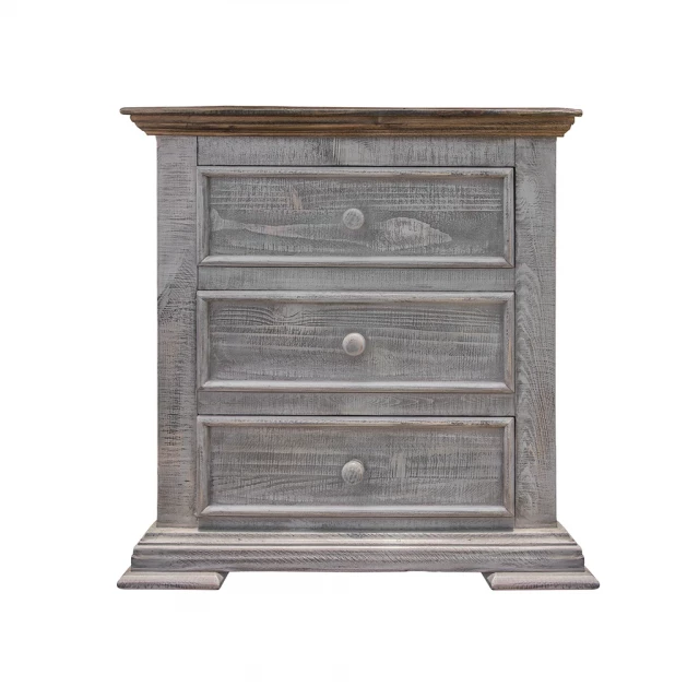 Gray drawer nightstand with wood stain finish and hardwood cabinetry