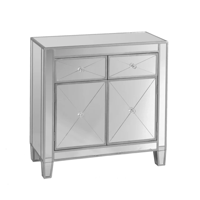 Mirrored bling door storage accent cabinet with metal and transparent materials