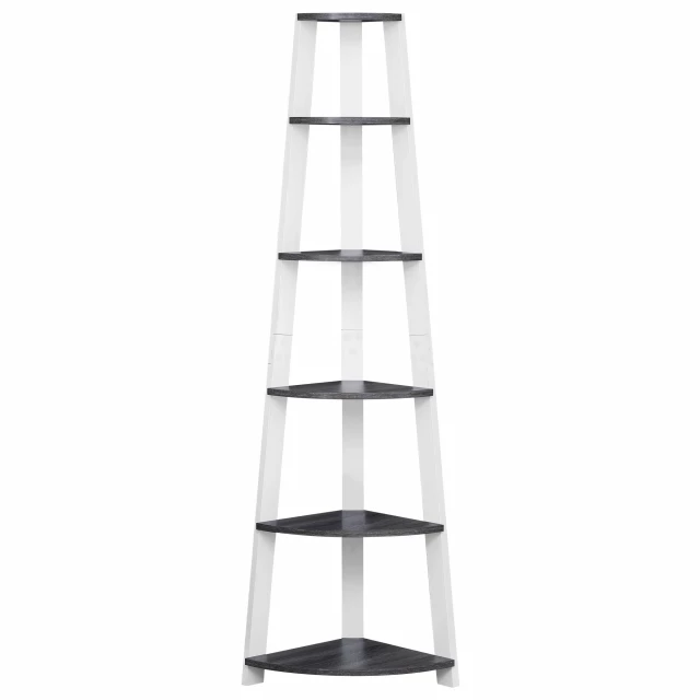 gray white wood corner bookcase with shelves and decorative items