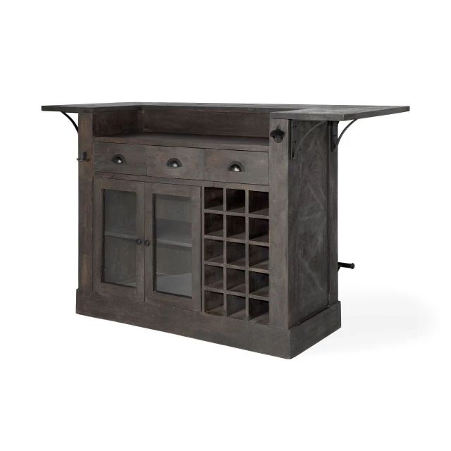 Wood kitchen island with wine bottle storage and metal accents