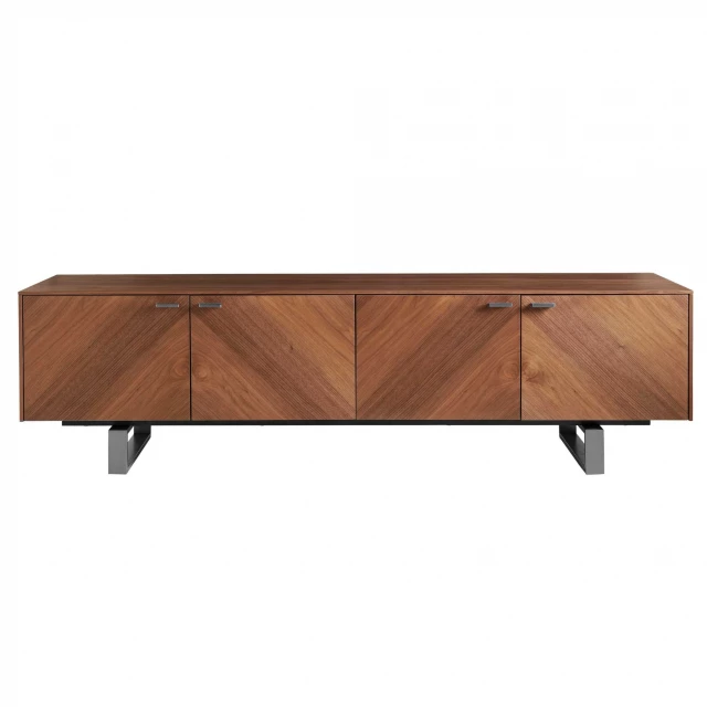 Contemporary media TV stand with wood stain and multiple drawers for storage