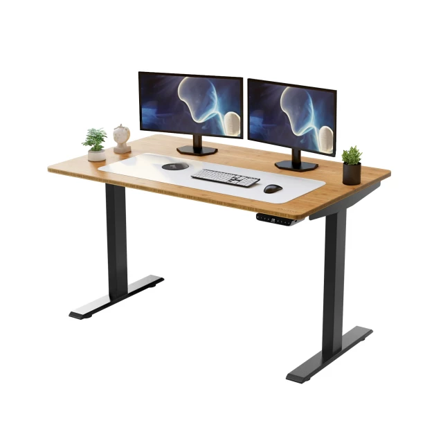 motor electric office adjustable computer desk with monitor and personal computer