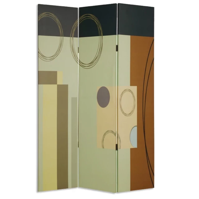 Multi wood canvas panel screen with beige art and circle details