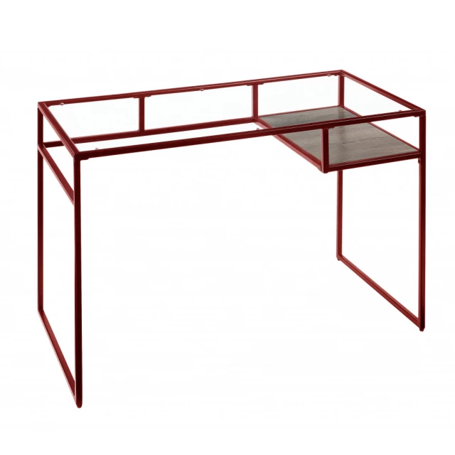 clear red glass writing desk with chair and wood elements