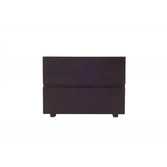 Wenge veneer MDF nightstand with wood tints shades metal accents and leather detail