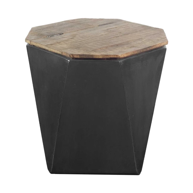 Metal and natural wood hinged side table with hardwood and wood stain finish