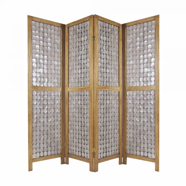 Clear capiz shell screen with wood accents and artistic shelving design