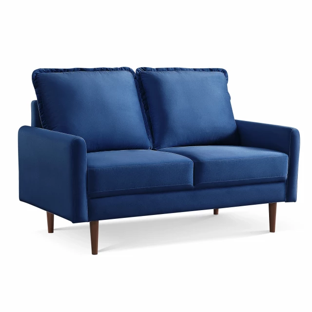 Blue dark brown velvet loveseat with comfortable cushions and wooden legs