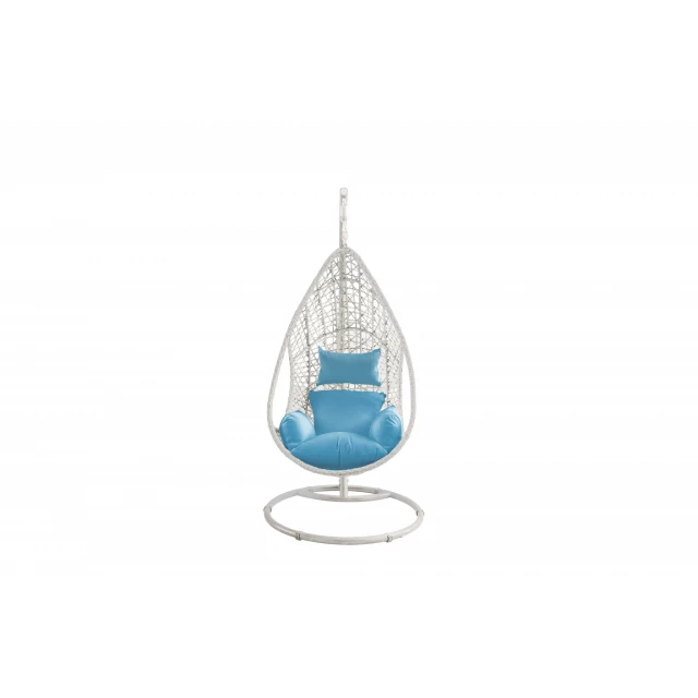 Blue and white metal swing chair with cushion for patio or garden