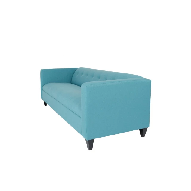 Teal blue polyester dark brown sofa with comfortable rectangle armrests and electric blue accents