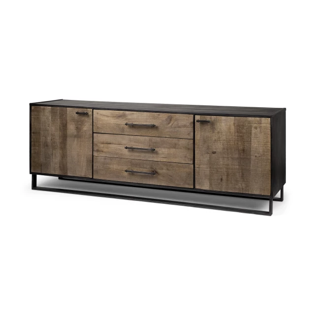 Wood finish sideboard with drawers and cabinet doors in hardwood and natural material