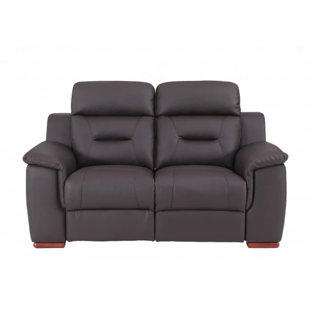 faux leather manual reclining love seat with comfortable armrests and wooden accents