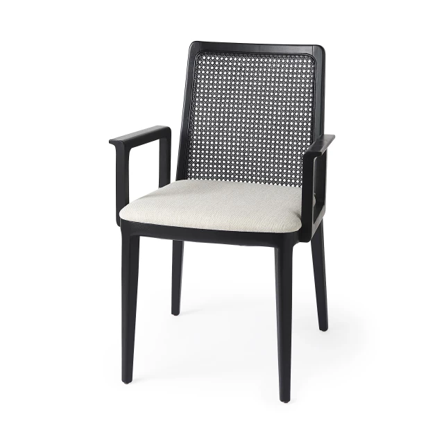 Black cream upholstery cane dining armchair with wood armrest and comfortable hardwood design