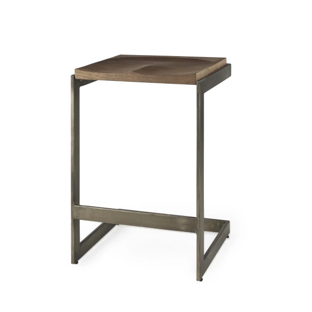 Counter height bar chair with wood finish and shelving detail
