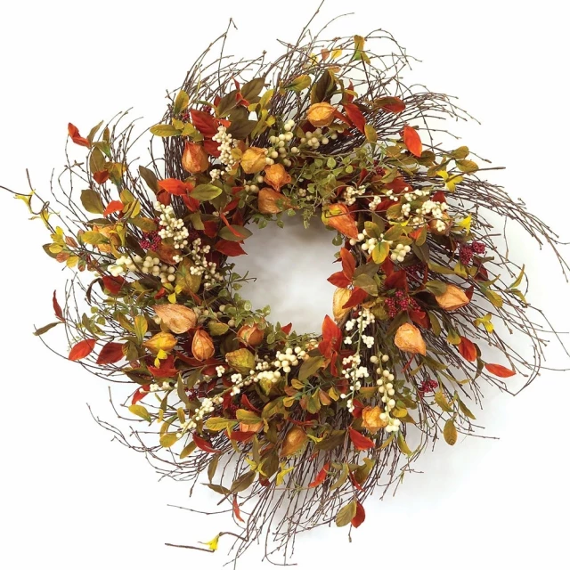 Green brown artificial fall mixed wreath with branches twigs and floral arrangement