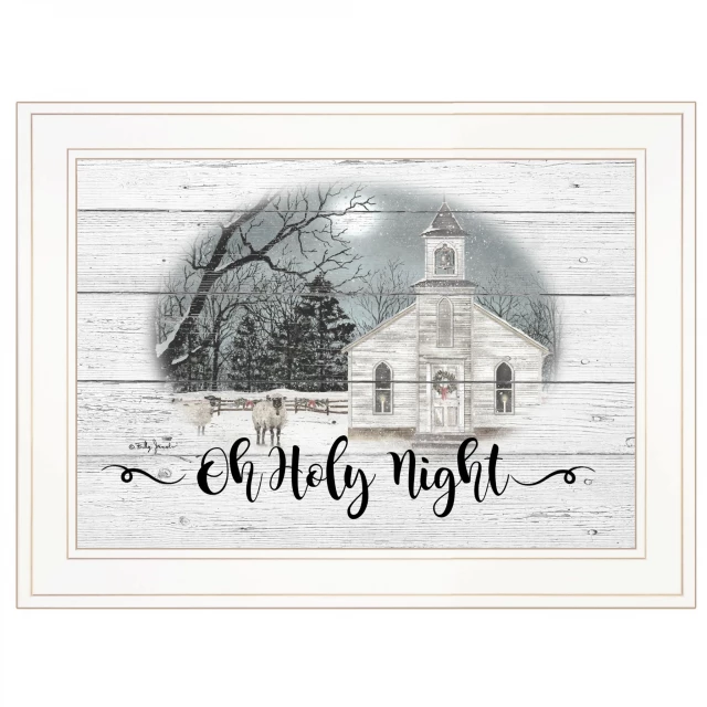 Night white framed print wall art with tree and building illustration in monochrome shades