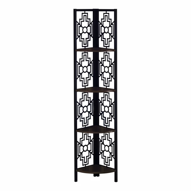 espresso metal corner bookcase with rectangle art symmetry and pattern