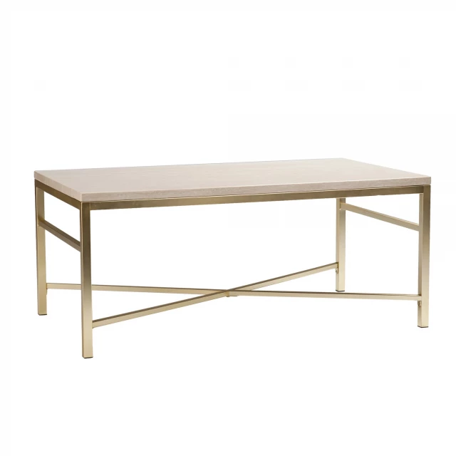 Rectangular manufactured wood and metal coffee table with wood stain finish