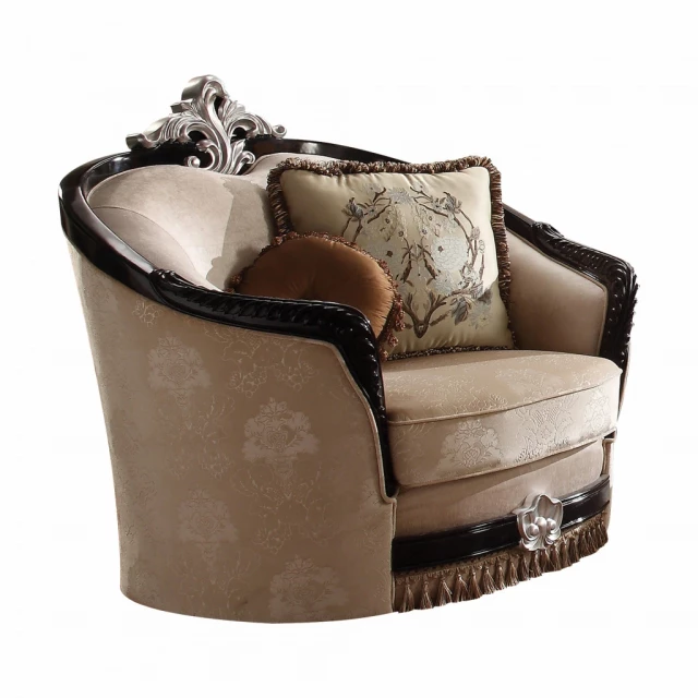 Frame damask arm chair with accent pillows in brown and beige leather fashion accessory