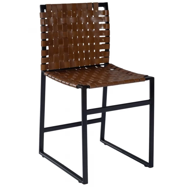 Brown black faux leather side chair with wood armrest and hardwood pattern