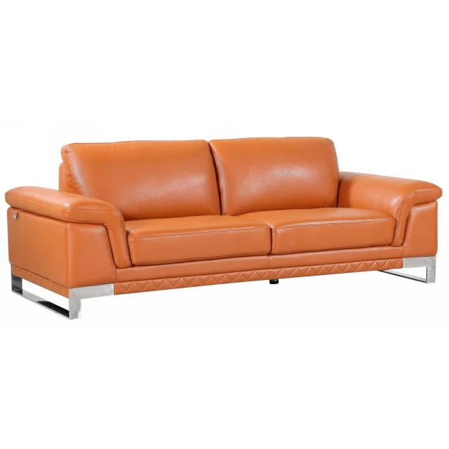 Camel silver Italian leather sofa in a comfortable rectangle shape with brown and orange tones