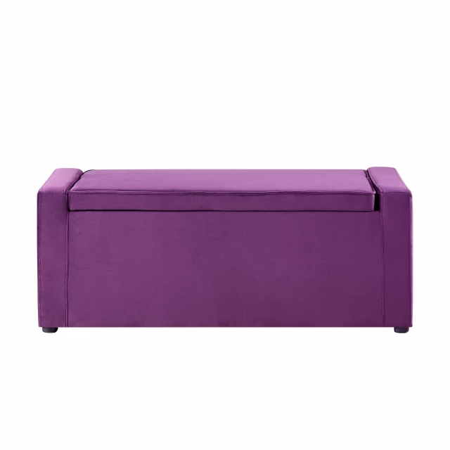Velvet bench with flip top for shoe storage in purple with magenta accents and bag-like design