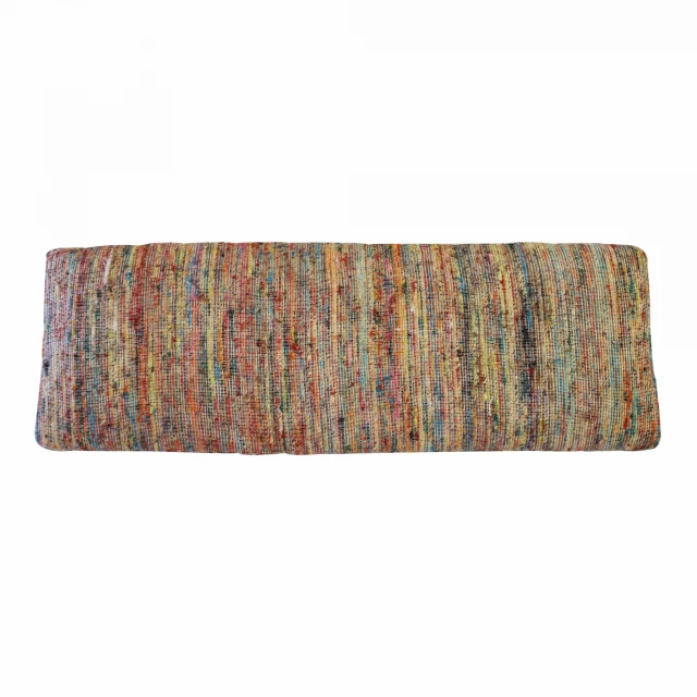 Rainbow stripe blue leg upholstered bench with patterned motif and magenta accents