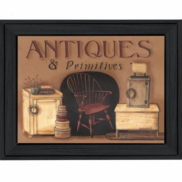 Primitives black framed print wall art with brown wood picture frame on chair
