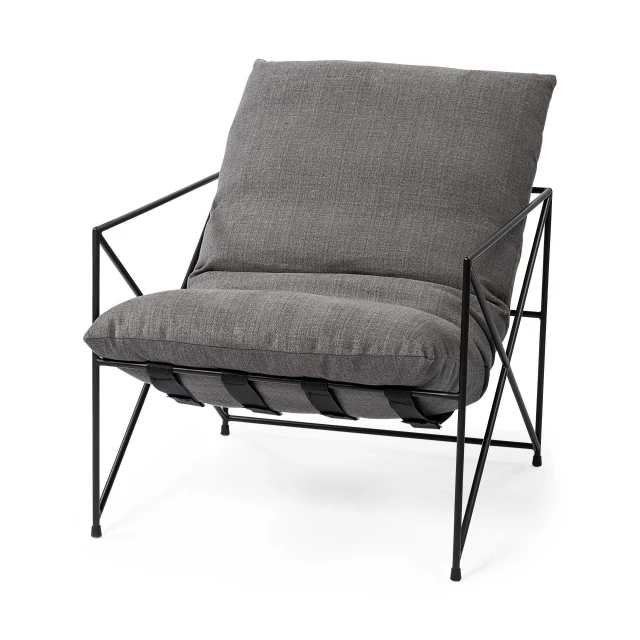 Gray black linen arm chair with wood armrests and comfortable rectangle design suitable for outdoor use