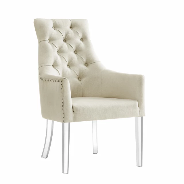 Clear upholstered linen dining arm chairs with wood armrests and comfortable seating