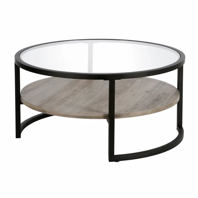 Round glass and steel coffee table with shelf design