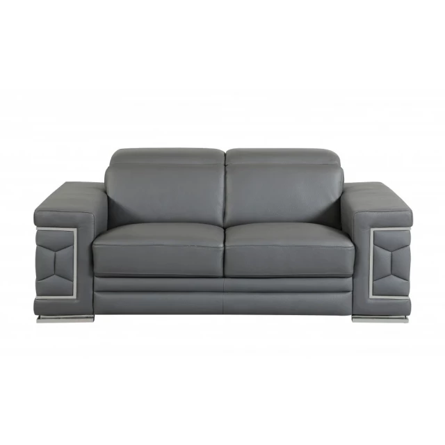 gray silver genuine leather love seat with comfortable armrests and rectangular studio couch design