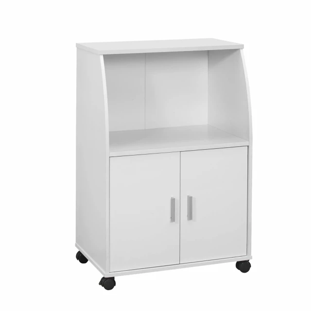 White particle board laminate kitchen cart with drawers and aluminum details