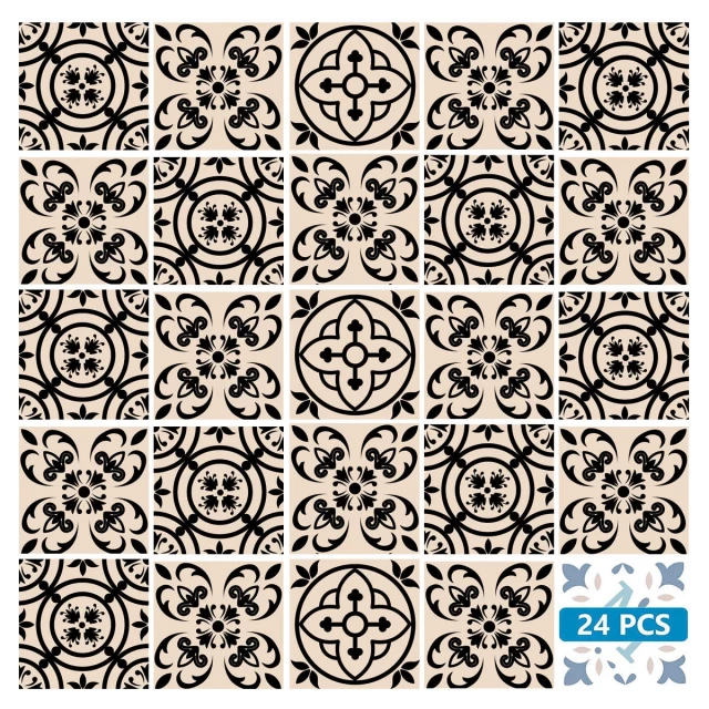 black mosaic peel stick removable tiles with monochrome pattern and symmetrical design