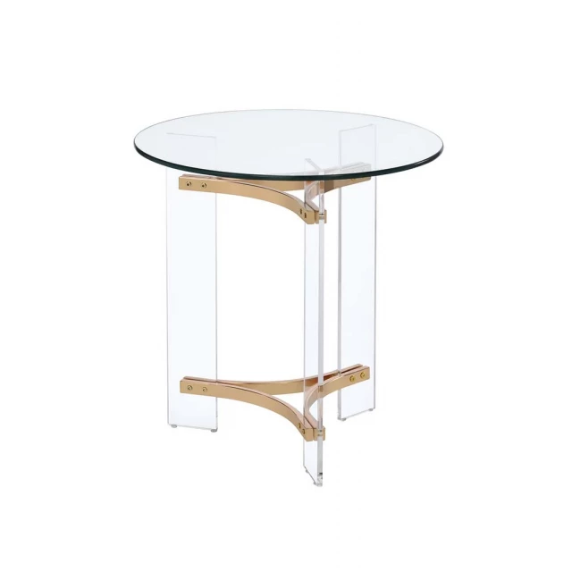 Clear glass and metal round end table with wood accents