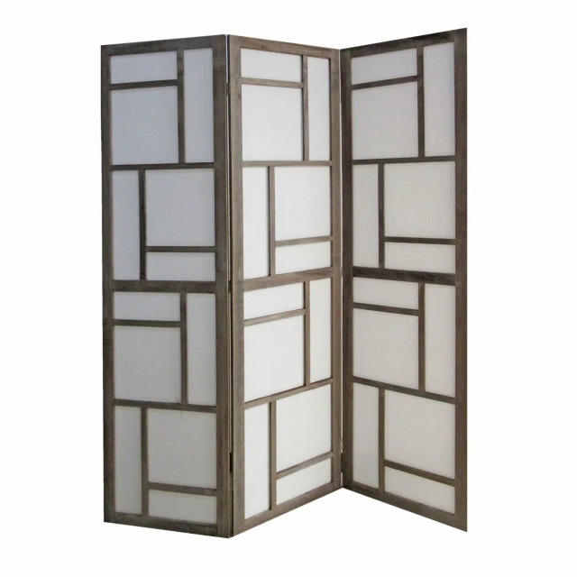 Gray fabric wood panel screen with artistic symmetrical wood patterns and subtle shades