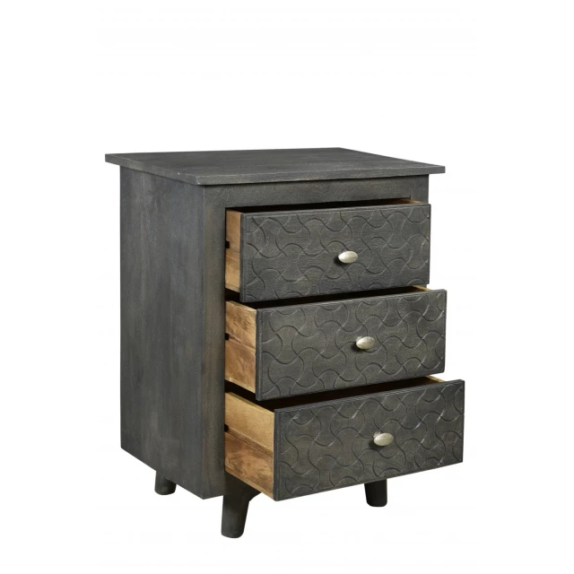 Gray drawer nightstand with wood finish and cabinetry design in furniture category