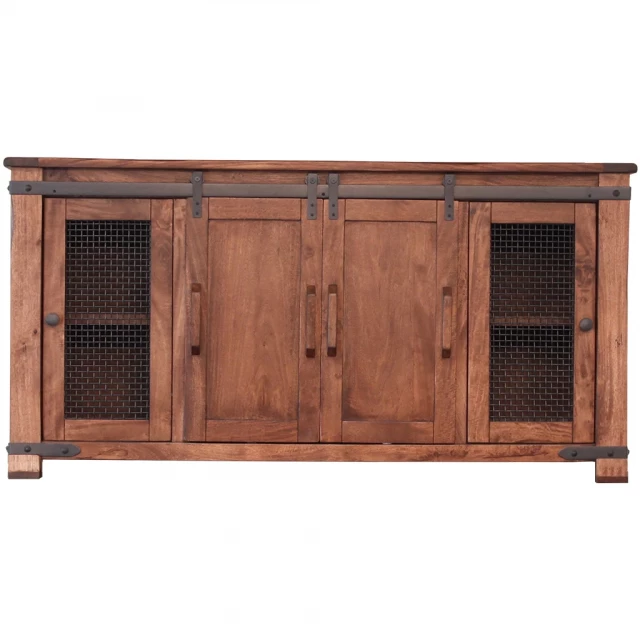 Brown distressed TV stand with enclosed cabinet storage and hardwood finish