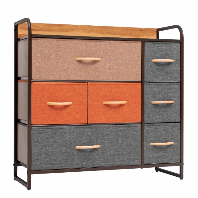 Gray steel fabric seven drawer dresser in a minimalist design