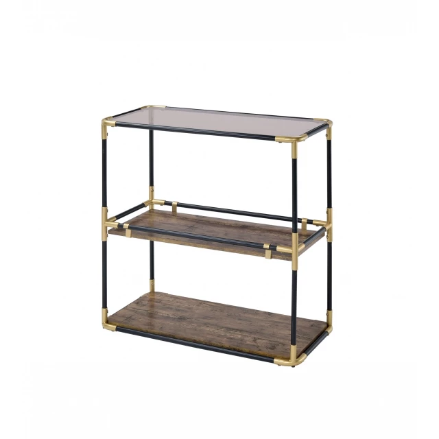Clear glass mirrored end table with shelves and modern wood composite design