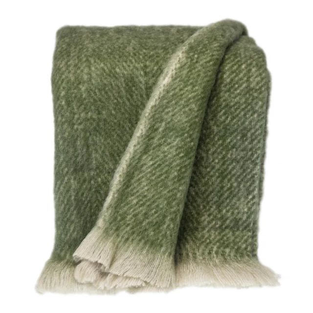 Green and white herringbone pattern handloomed throw blanket made of wool