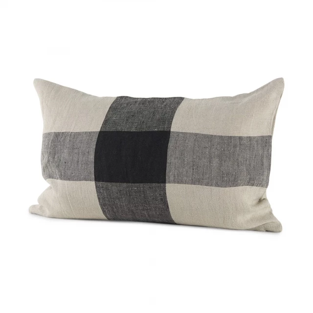 Beige plaid pattern lumbar throw pillow cover with rectangle shape and linen texture