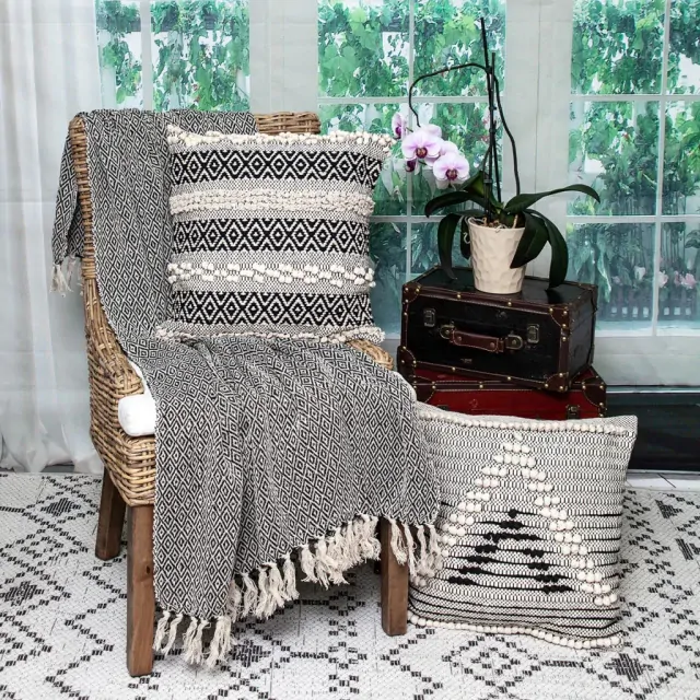 Boho Black and Beige Woven Diamond Pattern Throw with Tassels Boho Black and Beige Woven Diamond Pattern Throw with Tassels
