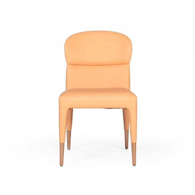 Peach rosegold dining chairs with comfortable wood seating and rectangle table